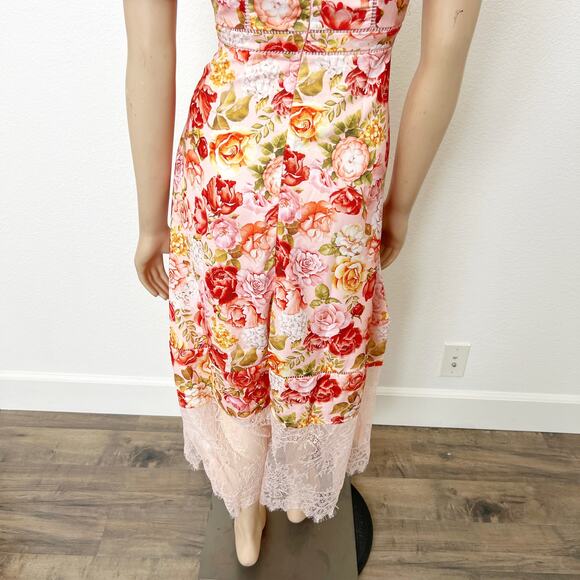 [Rachel Parcell] Pink Rose Floral Puff Sleeve Lace Trim Spring Midi Dress NWT 8 - Picture 10 of 12